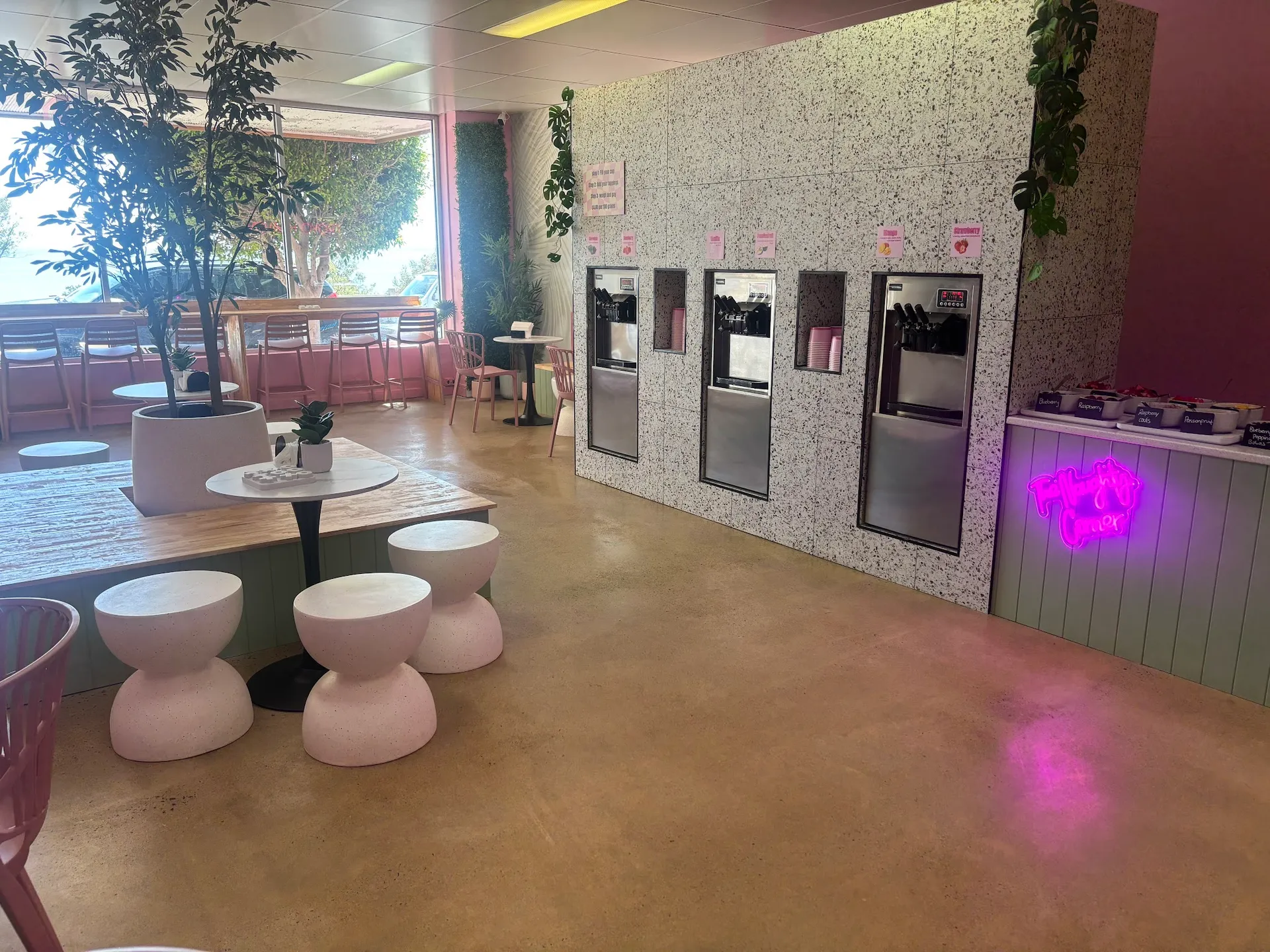 Froyo Heaven interior showing yogurt machines, toppings bar, and bright seating area