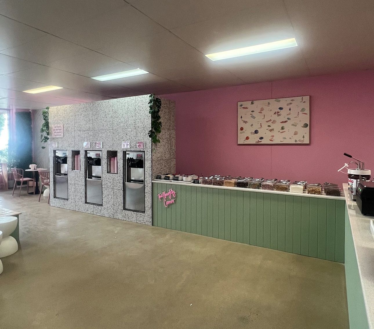 Froyo Heaven interior showing yogurt machines, toppings counter and pink feature wall